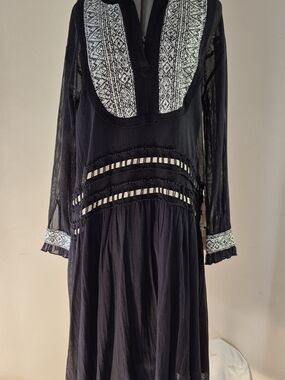 Zara Black Maxi Dress with White Embroidered Yoke